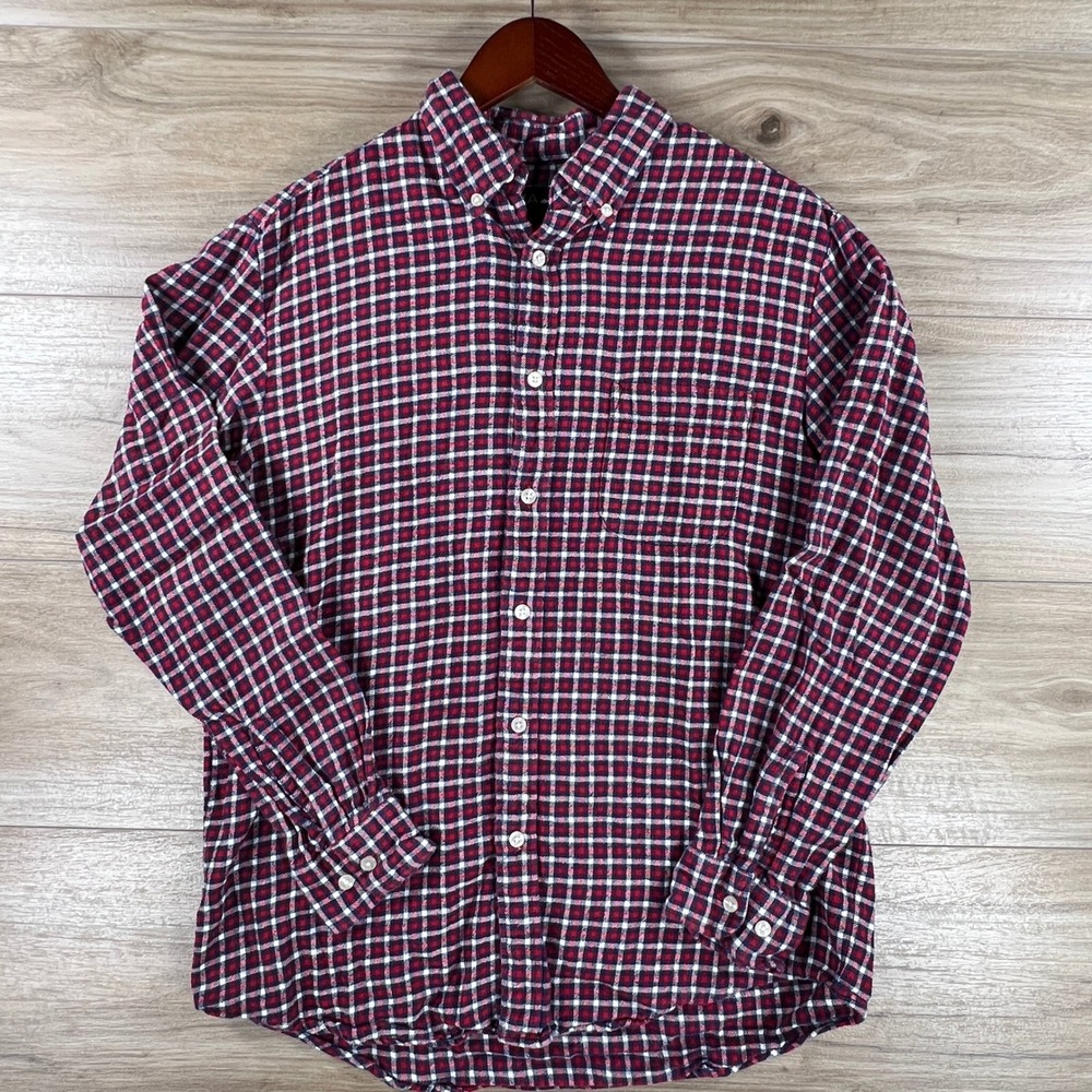 John Ashford Mens Flannel Shirt Medium Red Blue Plaid Long Sleeve Button Down